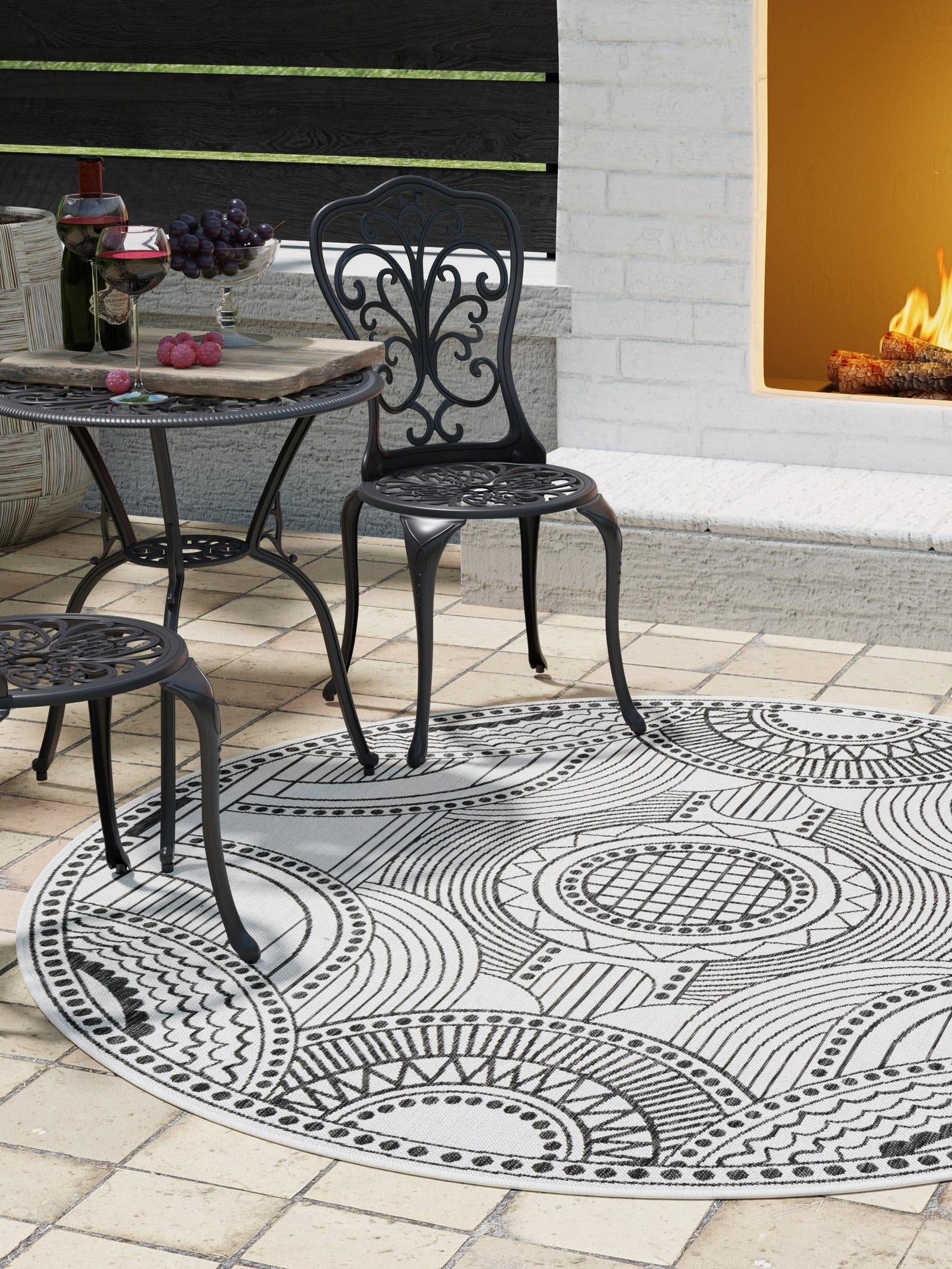 White and Black 10' x 10' Outdoor Traditional Round Area Rug Weather Resistant for Patio, Deck, Terrace, Balcony, Porch Classical Design Outside Carpet for Sale at Rug Engine