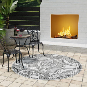 White and Black 3' 1 x 3' 1 Outdoor Traditional Round Area Rug Weather Resistant for Patio, Deck, Terrace, Balcony, Porch Classical Design Outside Carpet for Sale at Rug Engine