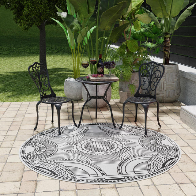 White and Black 3' 1 x 3' 1 Outdoor Traditional Round Area Rug Weather Resistant for Patio, Deck, Terrace, Balcony, Porch Classical Design Outside Carpet for Sale at Rug Engine