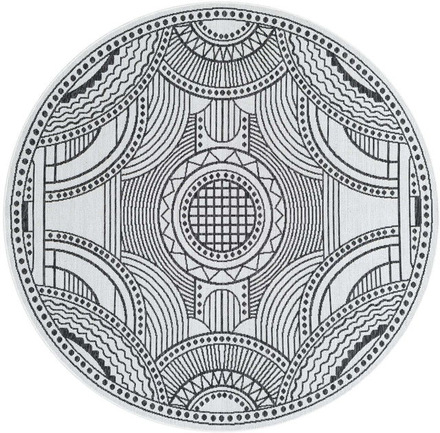 White and Black 6' 1 x 6' 1 Outdoor Traditional Round Area Rug Weather Resistant for Patio, Deck, Terrace, Balcony, Porch Classical Design Outside Carpet for Sale at Rug Engine