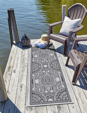 White and Black 2' x 8' Outdoor Traditional Runner Area Rug Weather Resistant for Patio, Deck, Terrace, Balcony, Porch Classical Design Outside Carpet for Sale at Rug Engine