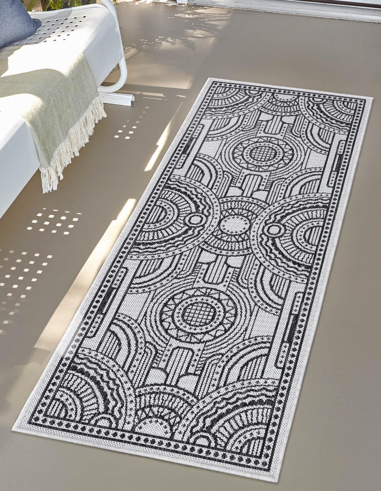 White and Black 2' x 6' 1 Outdoor Traditional Runner Area Rug Weather Resistant for Patio, Deck, Terrace, Balcony, Porch Classical Design Outside Carpet for Sale at Rug Engine