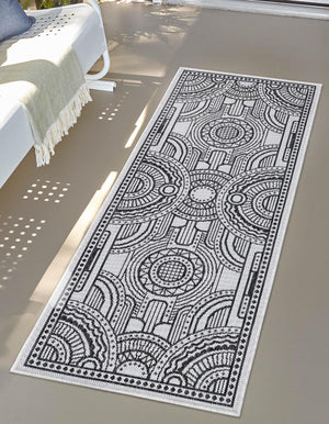 White and Black 2' 7 x 12' Outdoor Traditional Runner Area Rug Weather Resistant for Patio, Deck, Terrace, Balcony, Porch Classical Design Outside Carpet for Sale at Rug Engine