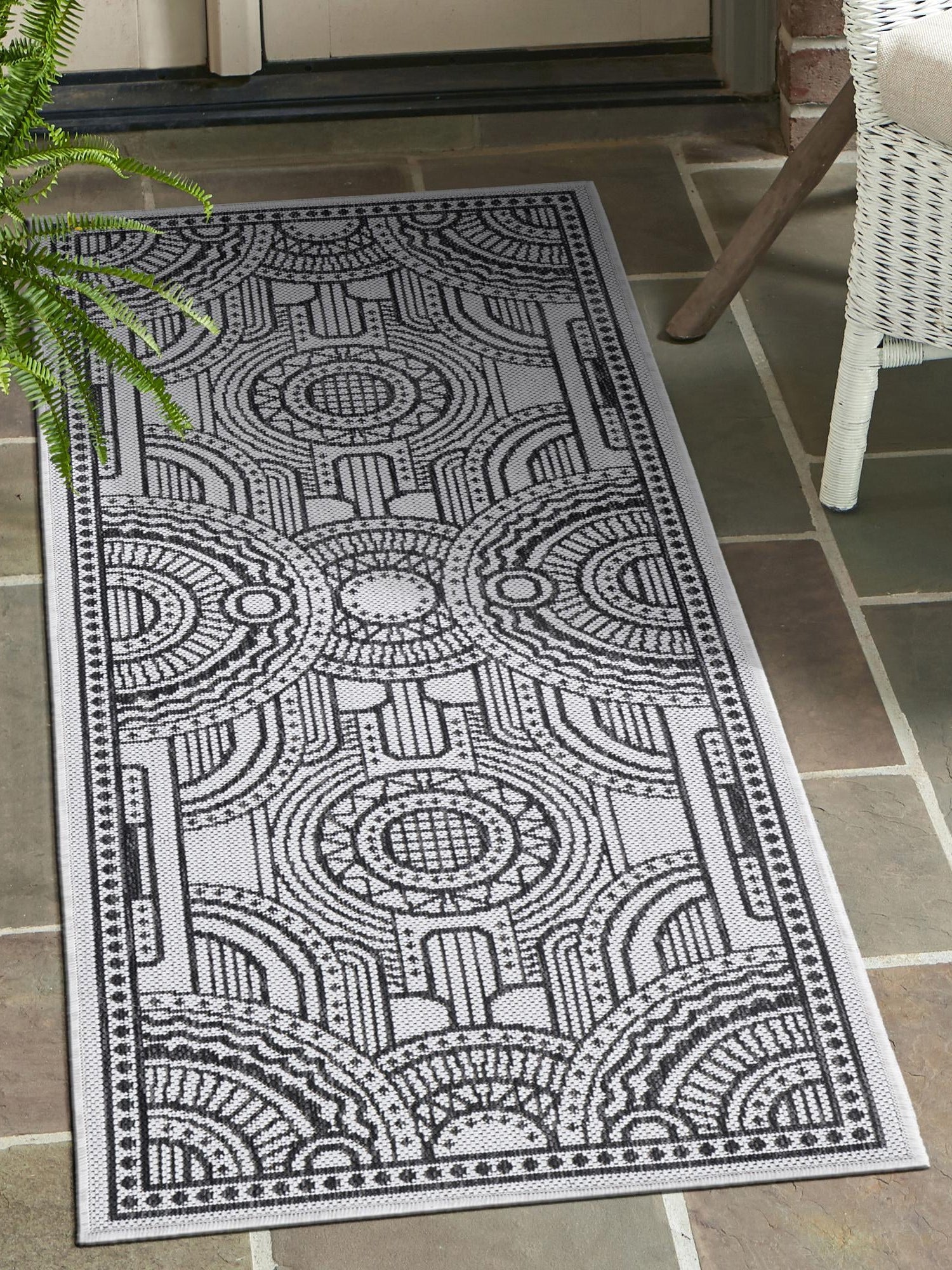 White and Black 2' 7 x 12' Outdoor Traditional Runner Area Rug Weather Resistant for Patio, Deck, Terrace, Balcony, Porch Classical Design Outside Carpet for Sale at Rug Engine