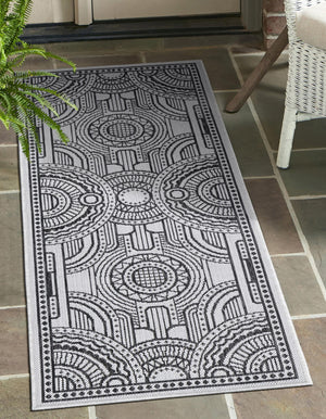 White and Black 2' x 6' 1 Outdoor Traditional Runner Area Rug Weather Resistant for Patio, Deck, Terrace, Balcony, Porch Classical Design Outside Carpet for Sale at Rug Engine