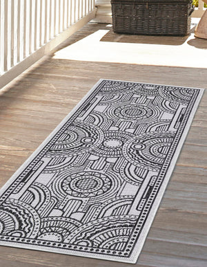 White and Black 2' x 5' 3 Outdoor Traditional Runner Area Rug Weather Resistant for Patio, Deck, Terrace, Balcony, Porch Classical Design Outside Carpet for Sale at Rug Engine