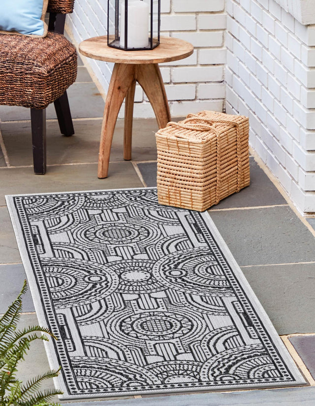 White and Black 2' x 5' 3 Outdoor Traditional Runner Area Rug Weather Resistant for Patio, Deck, Terrace, Balcony, Porch Classical Design Outside Carpet for Sale at Rug Engine
