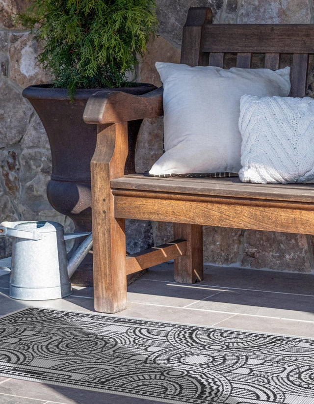 White and Black 2' 7 x 12' Outdoor Traditional Runner Area Rug Weather Resistant for Patio, Deck, Terrace, Balcony, Porch Classical Design Outside Carpet for Sale at Rug Engine