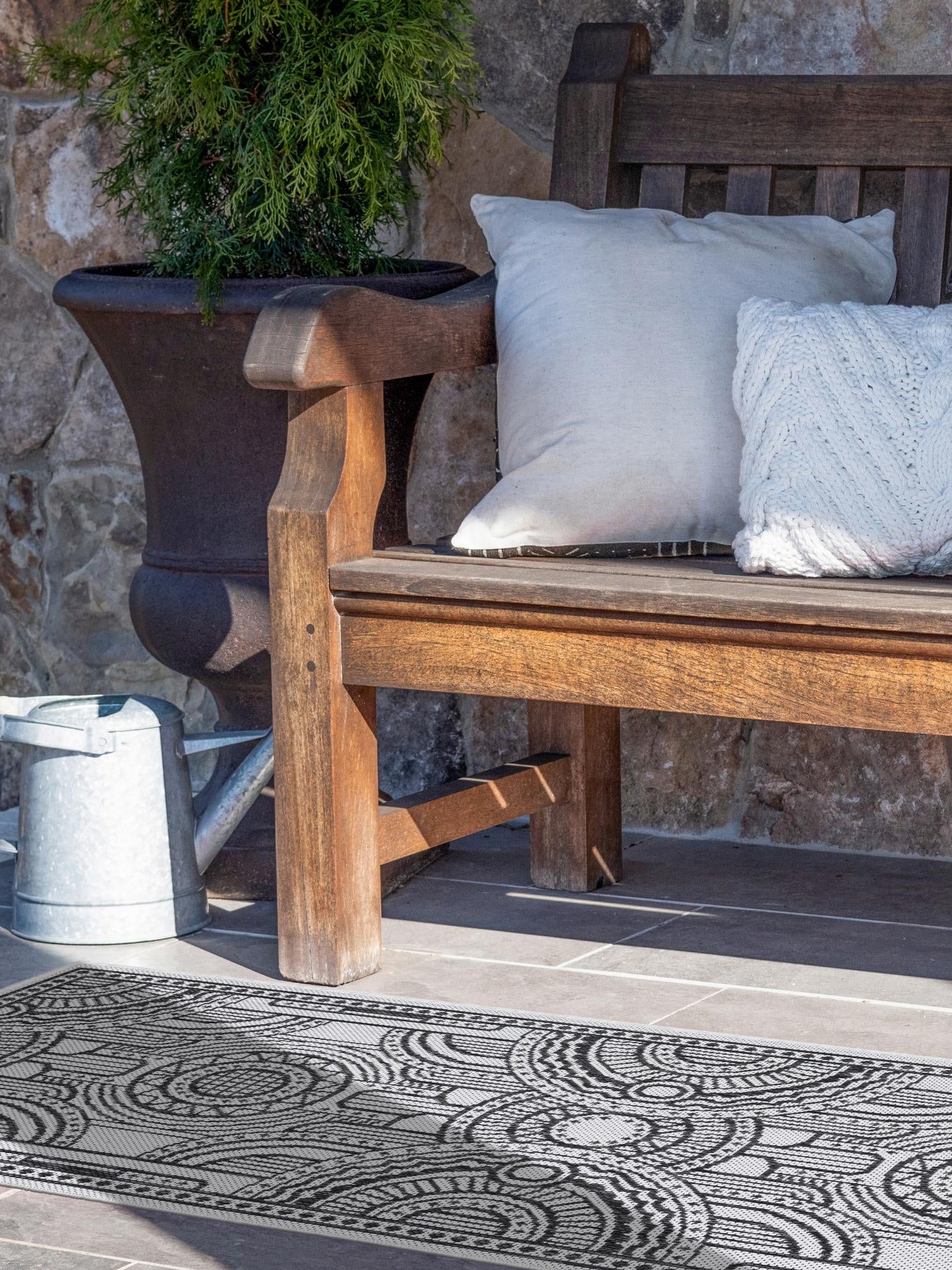White and Black 2' x 8' Outdoor Traditional Runner Area Rug Weather Resistant for Patio, Deck, Terrace, Balcony, Porch Classical Design Outside Carpet for Sale at Rug Engine