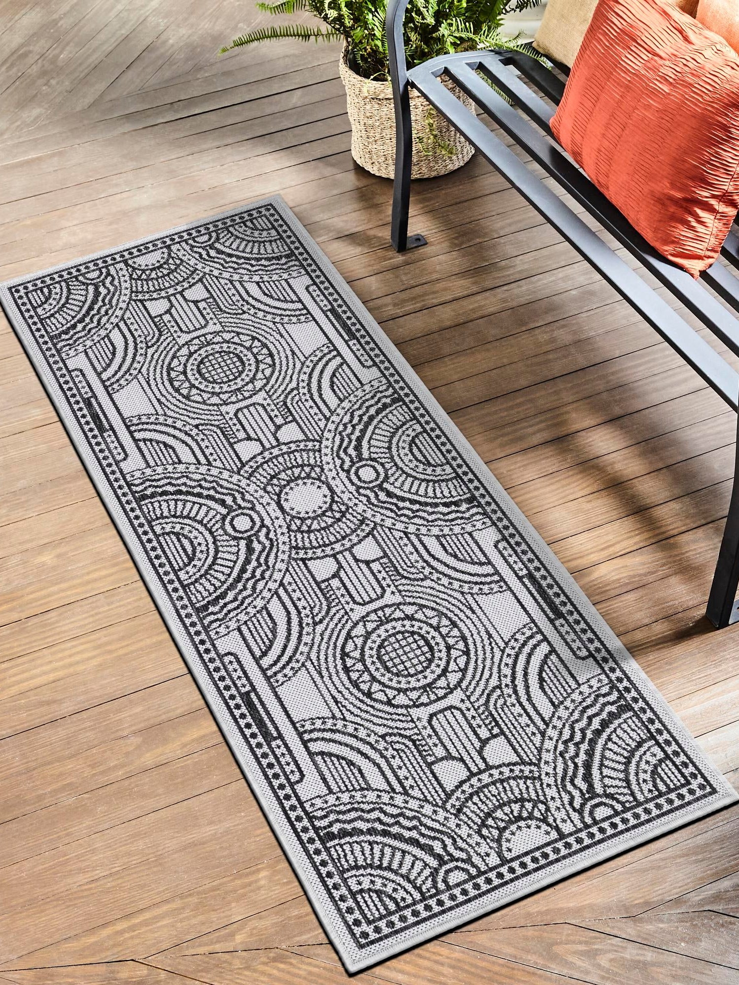 White and Black 2' 7 x 12' Outdoor Traditional Runner Area Rug Weather Resistant for Patio, Deck, Terrace, Balcony, Porch Classical Design Outside Carpet for Sale at Rug Engine