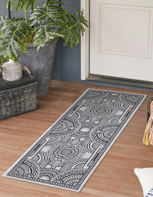 White and Black 2' x 6' 1 Outdoor Traditional Runner Area Rug Weather Resistant for Patio, Deck, Terrace, Balcony, Porch Classical Design Outside Carpet for Sale at Rug Engine