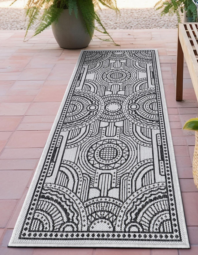 White and Black 2' 7 x 12' Outdoor Traditional Runner Area Rug Weather Resistant for Patio, Deck, Terrace, Balcony, Porch Classical Design Outside Carpet for Sale at Rug Engine