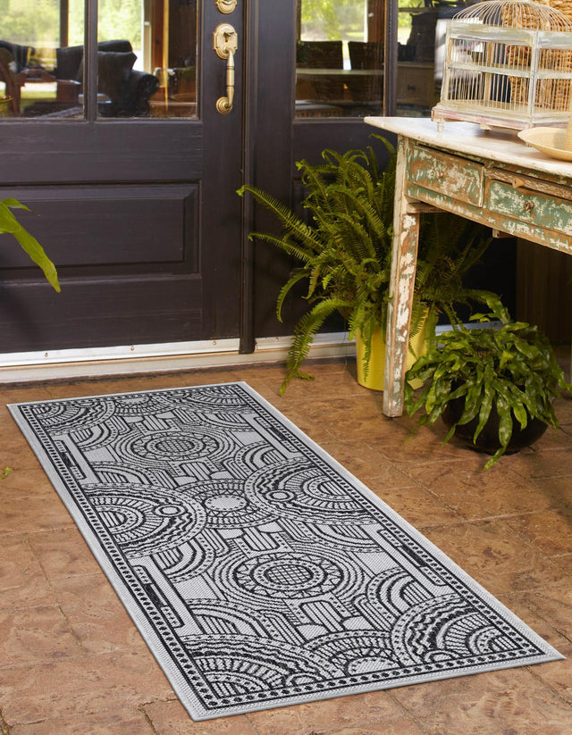 White and Black 2' x 5' 3 Outdoor Traditional Runner Area Rug Weather Resistant for Patio, Deck, Terrace, Balcony, Porch Classical Design Outside Carpet for Sale at Rug Engine