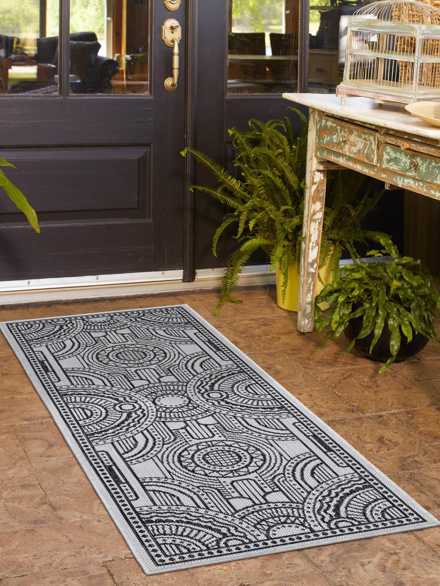 White and Black 2' 7 x 12' Outdoor Traditional Runner Area Rug Weather Resistant for Patio, Deck, Terrace, Balcony, Porch Classical Design Outside Carpet for Sale at Rug Engine