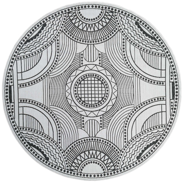 White and Black 7' 10 x 7' 10 Outdoor Traditional Round Area Rug Weather Resistant for Patio, Deck, Terrace, Balcony, Porch Classical Design Outside Carpet for Sale at Rug Engine