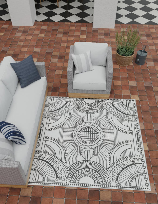 White and Black 12' x 12' Outdoor Traditional Square Area Rug Weather Resistant for Patio, Deck, Terrace, Balcony, Porch Classical Design Outside Carpet for Sale at Rug Engine