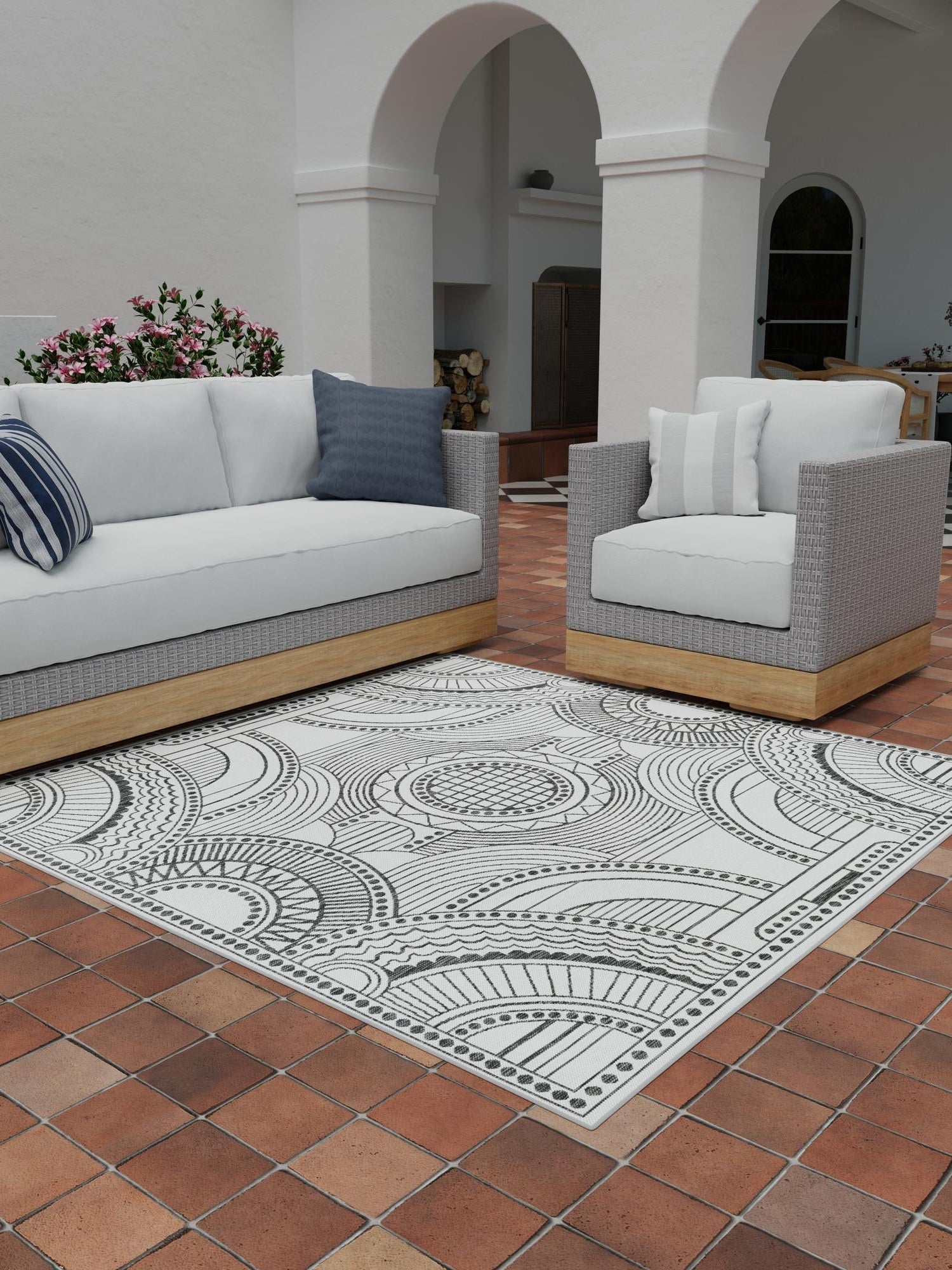 White and Black 10' x 10' Outdoor Traditional Square Area Rug Weather Resistant for Patio, Deck, Terrace, Balcony, Porch Classical Design Outside Carpet for Sale at Rug Engine