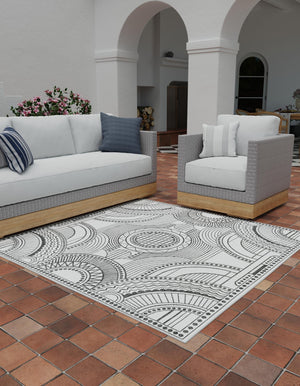 White and Black 10' x 10' Outdoor Traditional Square Area Rug Weather Resistant for Patio, Deck, Terrace, Balcony, Porch Classical Design Outside Carpet for Sale at Rug Engine