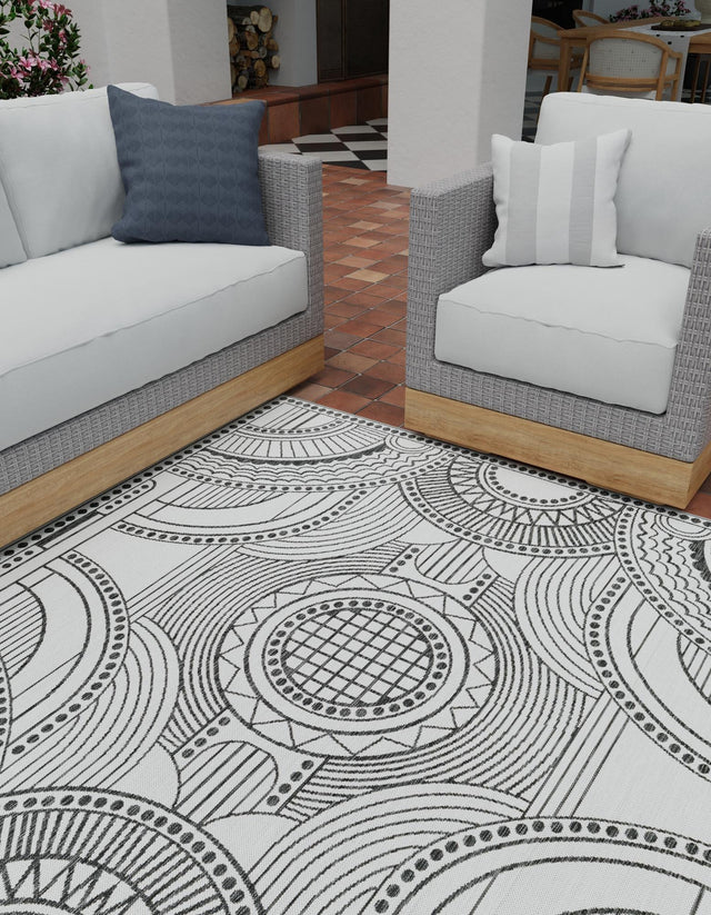 White and Black 7' 10 x 7' 10 Outdoor Traditional Square Area Rug Weather Resistant for Patio, Deck, Terrace, Balcony, Porch Classical Design Outside Carpet for Sale at Rug Engine