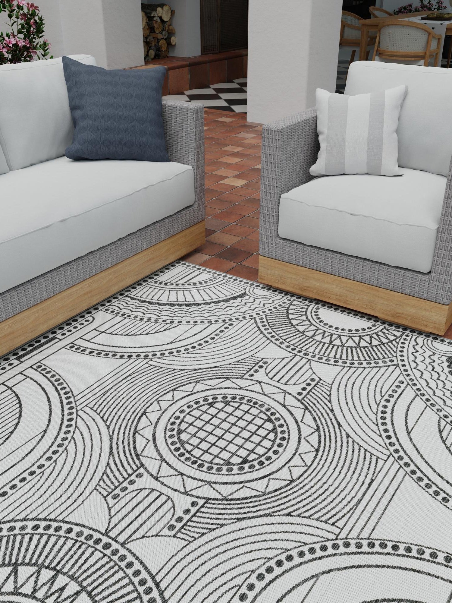 White and Black 12' x 12' Outdoor Traditional Square Area Rug Weather Resistant for Patio, Deck, Terrace, Balcony, Porch Classical Design Outside Carpet for Sale at Rug Engine