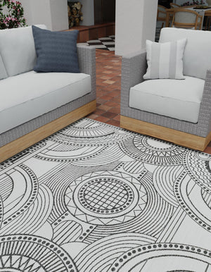 White and Black 12' x 12' Outdoor Traditional Square Area Rug Weather Resistant for Patio, Deck, Terrace, Balcony, Porch Classical Design Outside Carpet for Sale at Rug Engine