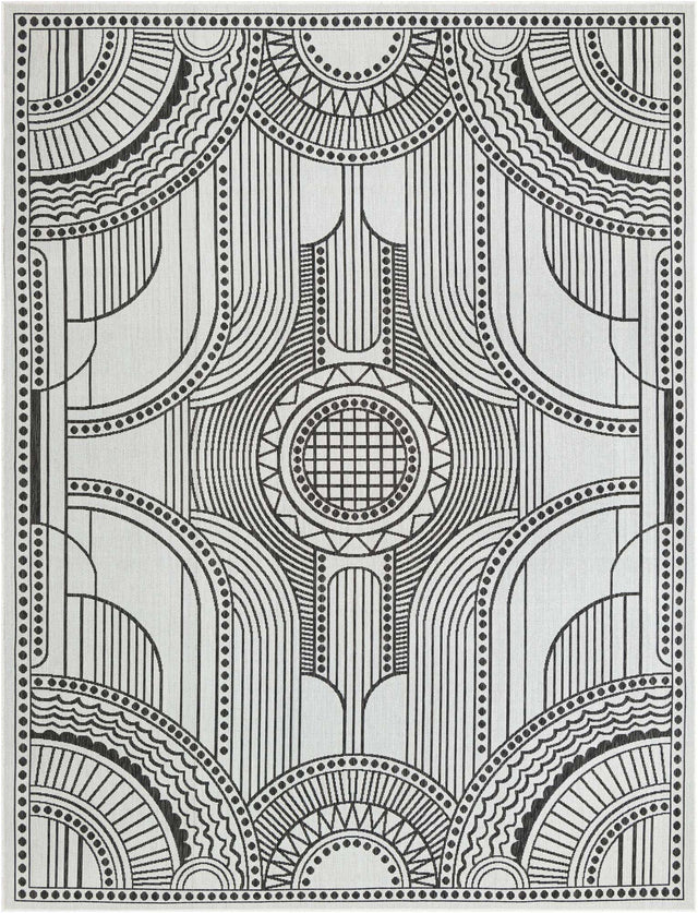 White and Black 9' x 12' Outdoor Traditional Rectangle Area Rug Weather Resistant for Patio, Deck, Terrace, Balcony, Porch Classical Design Outside Carpet for Sale at Rug Engine