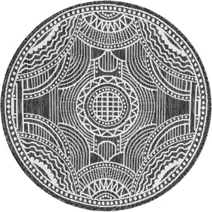 Black and White 3' 1 x 3' 1 Outdoor Traditional Round Area Rug Weather Resistant for Patio, Deck, Terrace, Balcony, Porch Classical Design Outside Carpet for Sale at Rug Engine