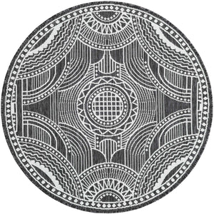 Black and White 4' 1 x 4' 1 Outdoor Traditional Round Area Rug Weather Resistant for Patio, Deck, Terrace, Balcony, Porch Classical Design Outside Carpet for Sale at Rug Engine