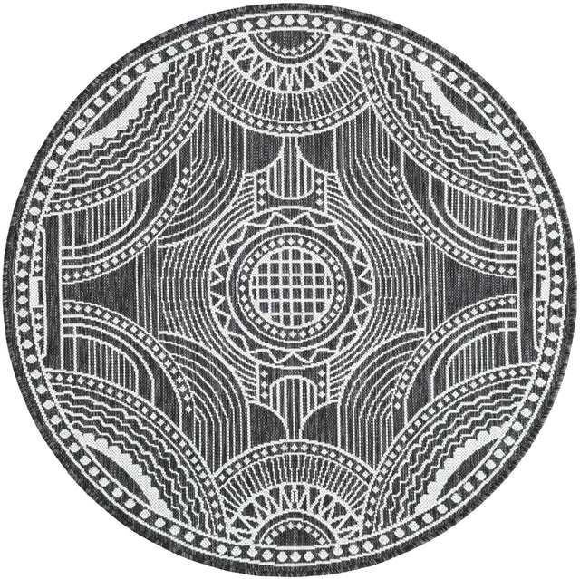 Black and White 4' 1 x 4' 1 Outdoor Traditional Round Area Rug Weather Resistant for Patio, Deck, Terrace, Balcony, Porch Classical Design Outside Carpet for Sale at Rug Engine