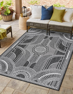 Black and White 6' 1 x 9' Outdoor Traditional Rectangle Area Rug Weather Resistant for Patio, Deck, Terrace, Balcony, Porch Classical Design Outside Carpet for Sale at Rug Engine