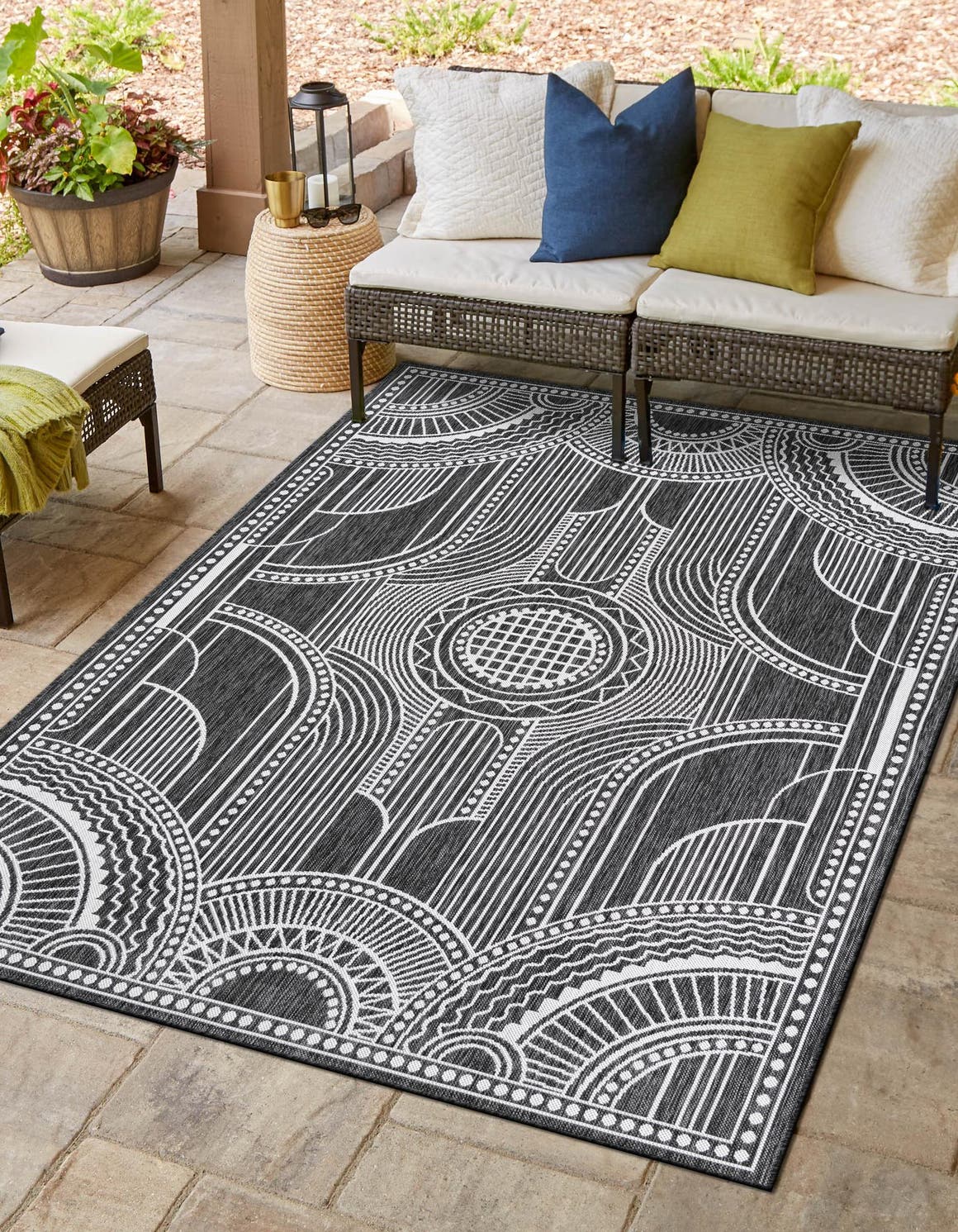 Black and White 2' x 3' 1 Outdoor Traditional Rectangle Area Rug Weather Resistant for Patio, Deck, Terrace, Balcony, Porch Classical Design Outside Carpet for Sale at Rug Engine