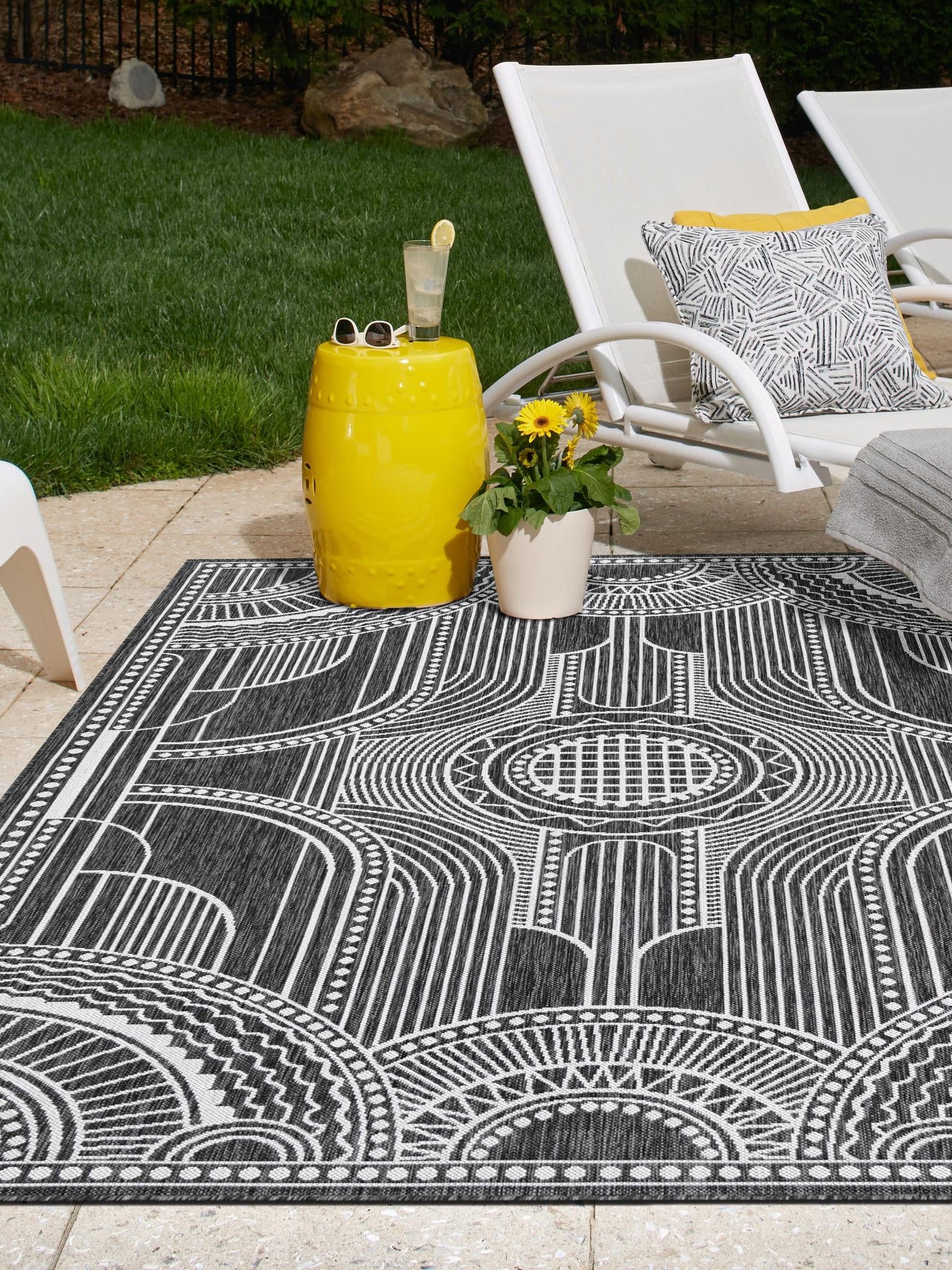Black and White 9' x 12' Outdoor Traditional Rectangle Area Rug Weather Resistant for Patio, Deck, Terrace, Balcony, Porch Classical Design Outside Carpet for Sale at Rug Engine
