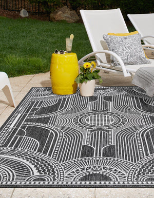 Black and White 9' x 12' Outdoor Traditional Rectangle Area Rug Weather Resistant for Patio, Deck, Terrace, Balcony, Porch Classical Design Outside Carpet for Sale at Rug Engine