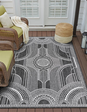 Black and White 7' 1 x 10' Outdoor Traditional Rectangle Area Rug Weather Resistant for Patio, Deck, Terrace, Balcony, Porch Classical Design Outside Carpet for Sale at Rug Engine