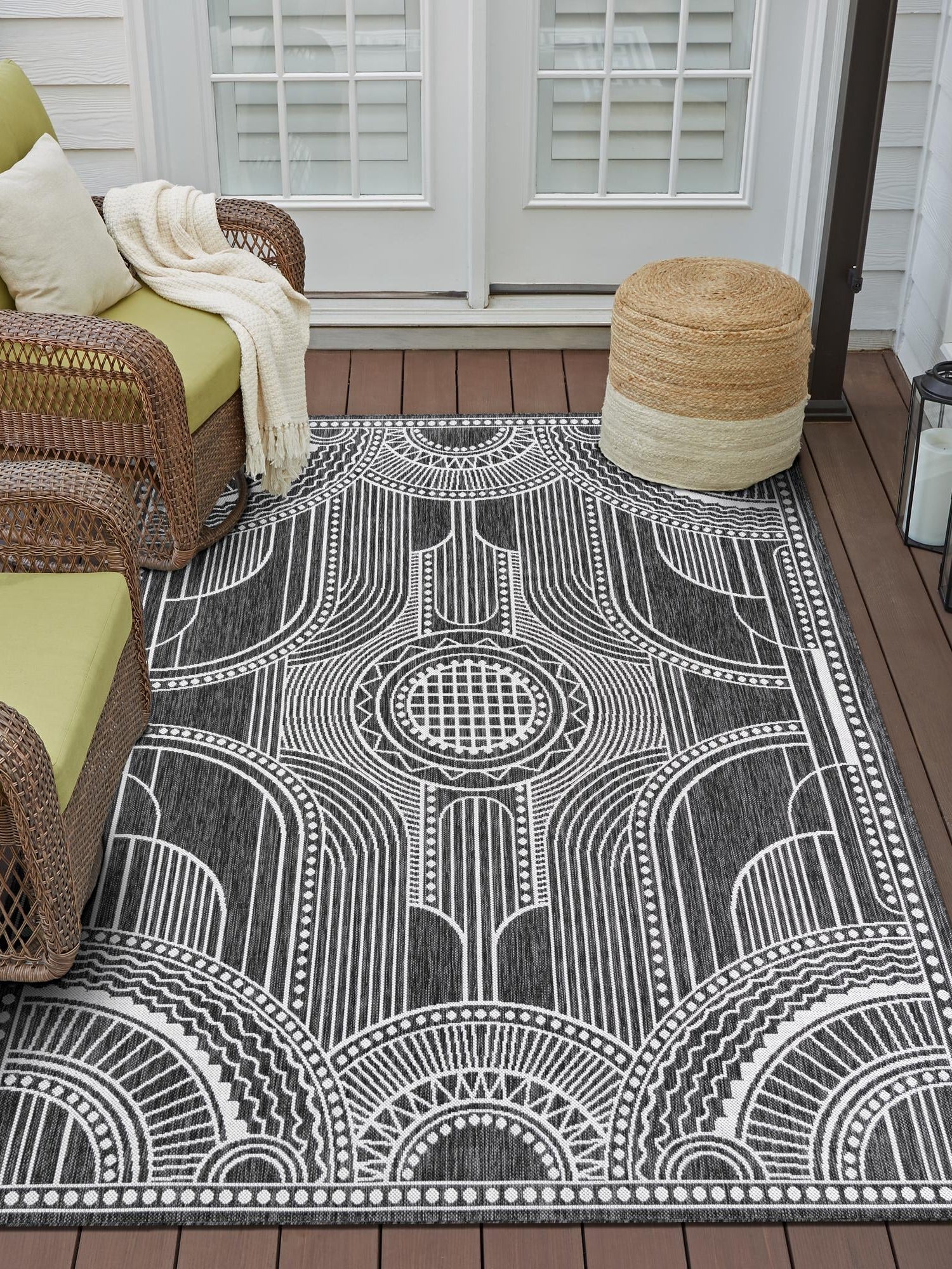Black and White 5' 3 x 8' Outdoor Traditional Rectangle Area Rug Weather Resistant for Patio, Deck, Terrace, Balcony, Porch Classical Design Outside Carpet for Sale at Rug Engine