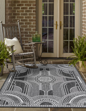 Black and White 7' 1 x 10' Outdoor Traditional Rectangle Area Rug Weather Resistant for Patio, Deck, Terrace, Balcony, Porch Classical Design Outside Carpet for Sale at Rug Engine