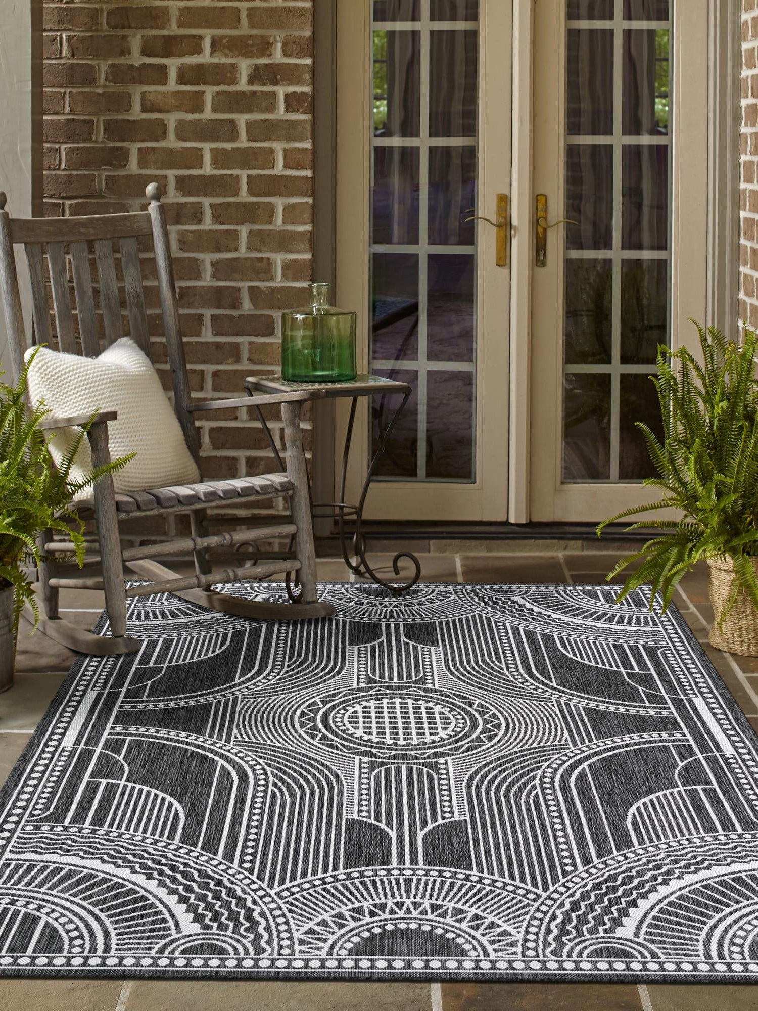Black and White 9' x 12' Outdoor Traditional Rectangle Area Rug Weather Resistant for Patio, Deck, Terrace, Balcony, Porch Classical Design Outside Carpet for Sale at Rug Engine