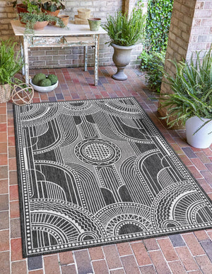 Black and White 7' 1 x 10' Outdoor Traditional Rectangle Area Rug Weather Resistant for Patio, Deck, Terrace, Balcony, Porch Classical Design Outside Carpet for Sale at Rug Engine