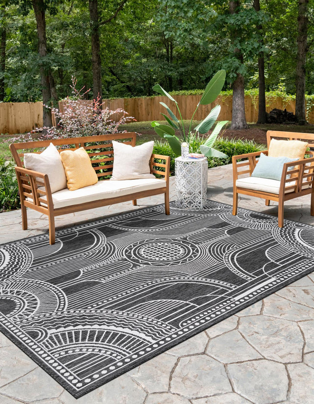 Black and White 7' 1 x 10' Outdoor Traditional Rectangle Area Rug Weather Resistant for Patio, Deck, Terrace, Balcony, Porch Classical Design Outside Carpet for Sale at Rug Engine