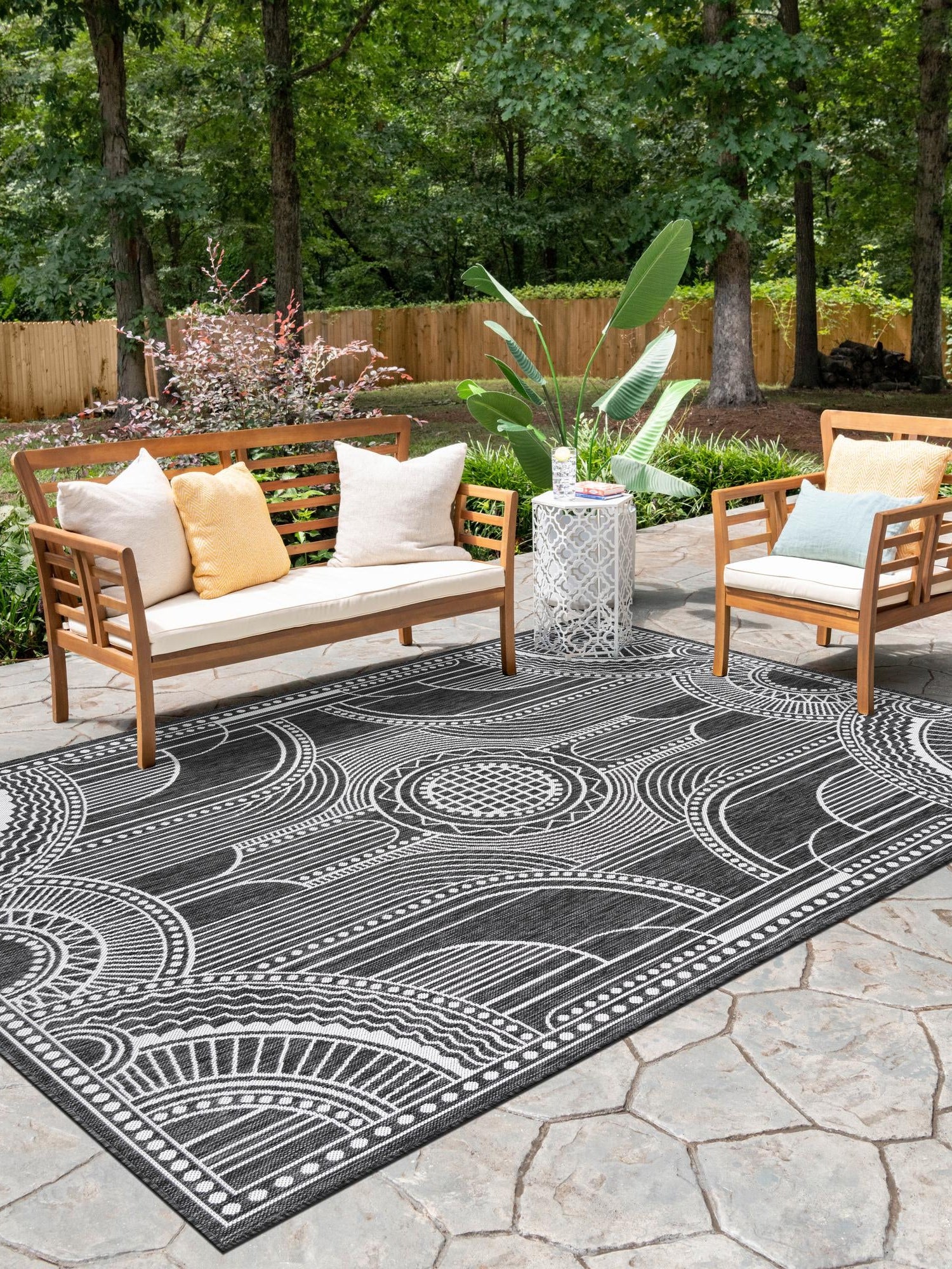 Black and White 9' x 12' Outdoor Traditional Rectangle Area Rug Weather Resistant for Patio, Deck, Terrace, Balcony, Porch Classical Design Outside Carpet for Sale at Rug Engine