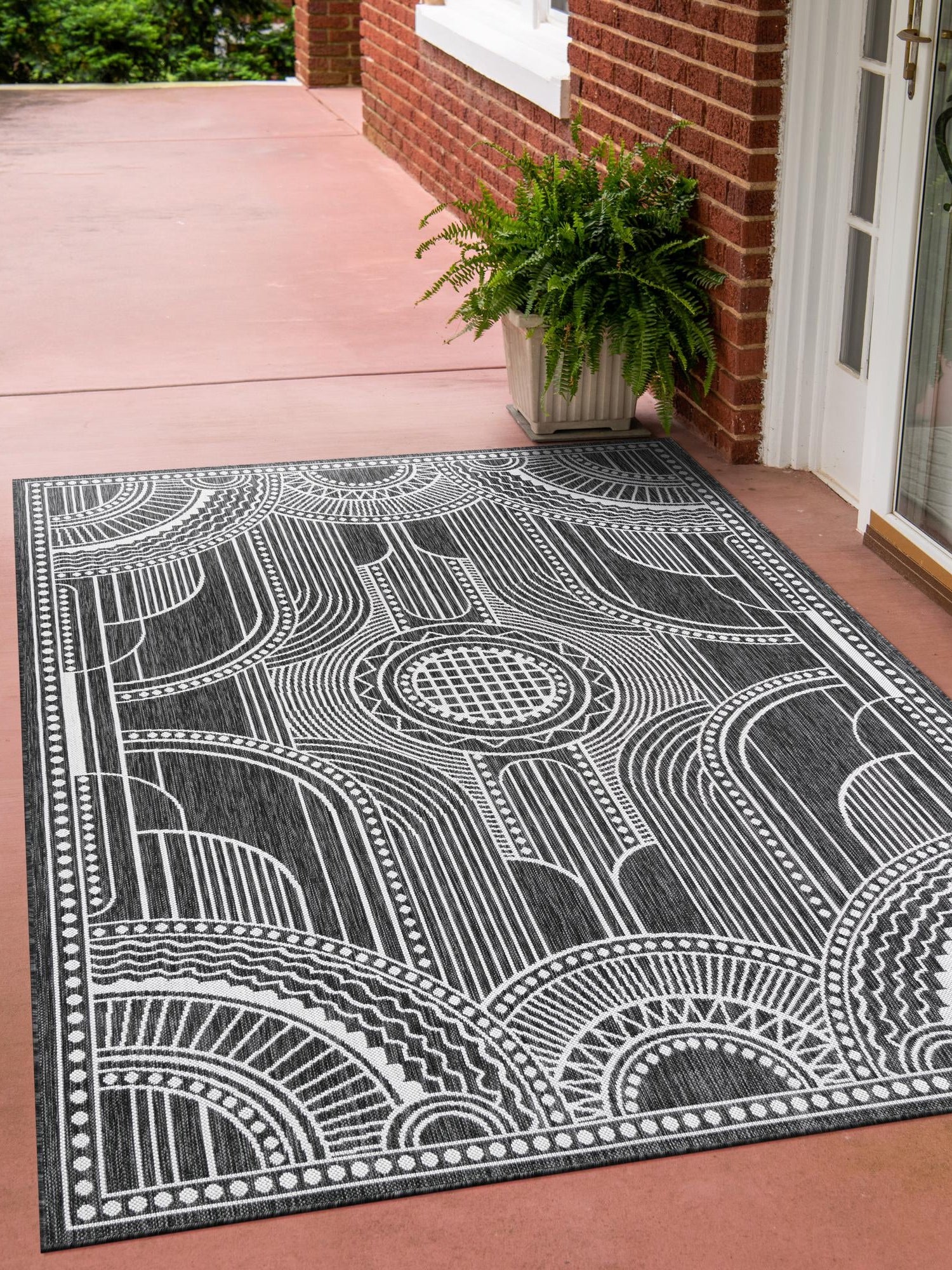 Black and White 2' x 3' 1 Outdoor Traditional Rectangle Area Rug Weather Resistant for Patio, Deck, Terrace, Balcony, Porch Classical Design Outside Carpet for Sale at Rug Engine