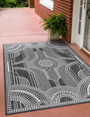 Black and White 7' 1 x 10' Outdoor Traditional Rectangle Area Rug Weather Resistant for Patio, Deck, Terrace, Balcony, Porch Classical Design Outside Carpet for Sale at Rug Engine