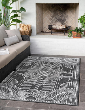 Black and White 7' 1 x 10' Outdoor Traditional Rectangle Area Rug Weather Resistant for Patio, Deck, Terrace, Balcony, Porch Classical Design Outside Carpet for Sale at Rug Engine