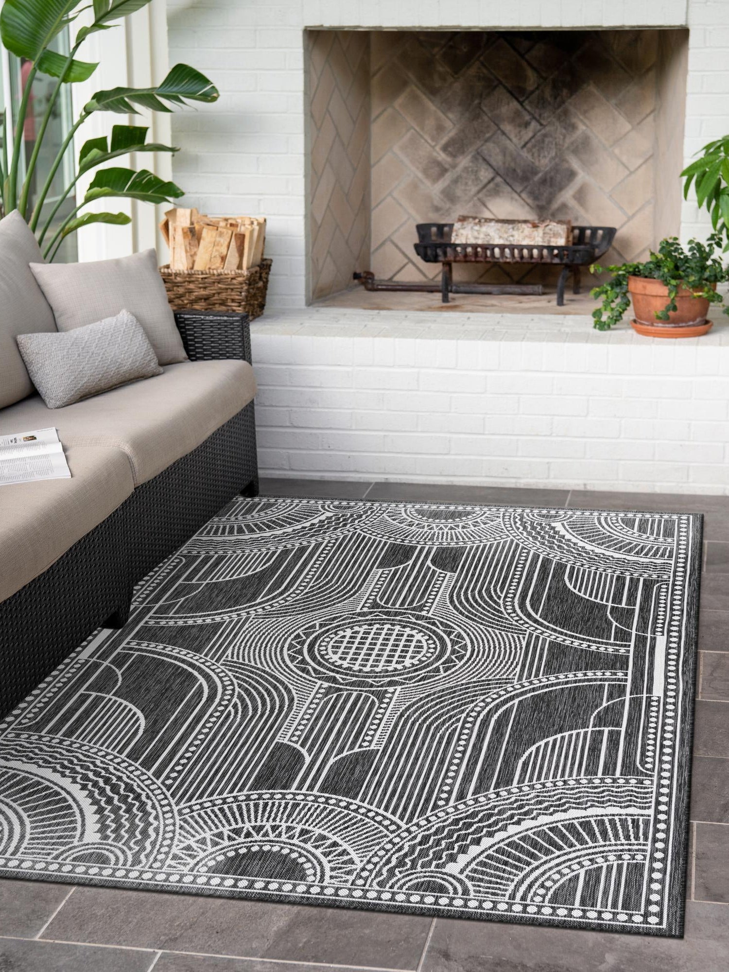 Black and White 7' 10 x 10' Outdoor Traditional Rectangle Area Rug Weather Resistant for Patio, Deck, Terrace, Balcony, Porch Classical Design Outside Carpet for Sale at Rug Engine