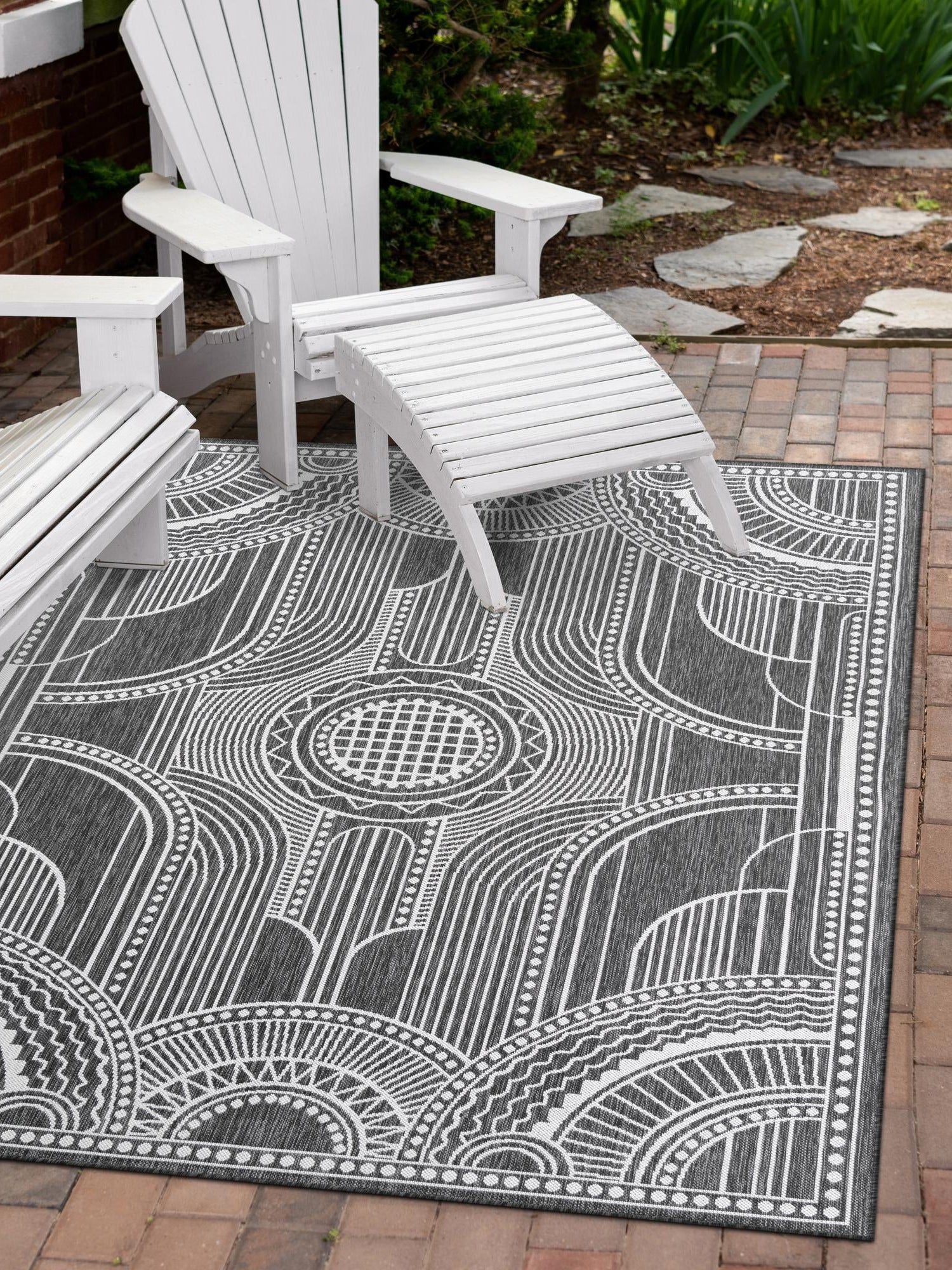 Black and White 6' 1 x 9' Outdoor Traditional Rectangle Area Rug Weather Resistant for Patio, Deck, Terrace, Balcony, Porch Classical Design Outside Carpet for Sale at Rug Engine