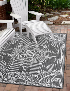 Black and White 6' 1 x 9' Outdoor Traditional Rectangle Area Rug Weather Resistant for Patio, Deck, Terrace, Balcony, Porch Classical Design Outside Carpet for Sale at Rug Engine