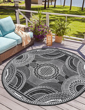 Black and White 3' 1 x 3' 1 Outdoor Traditional Round Area Rug Weather Resistant for Patio, Deck, Terrace, Balcony, Porch Classical Design Outside Carpet for Sale at Rug Engine