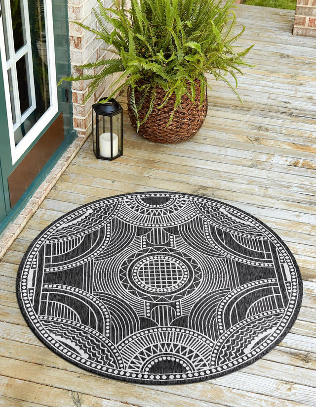 Black and White 7' 10 x 7' 10 Outdoor Traditional Round Area Rug Weather Resistant for Patio, Deck, Terrace, Balcony, Porch Classical Design Outside Carpet for Sale at Rug Engine