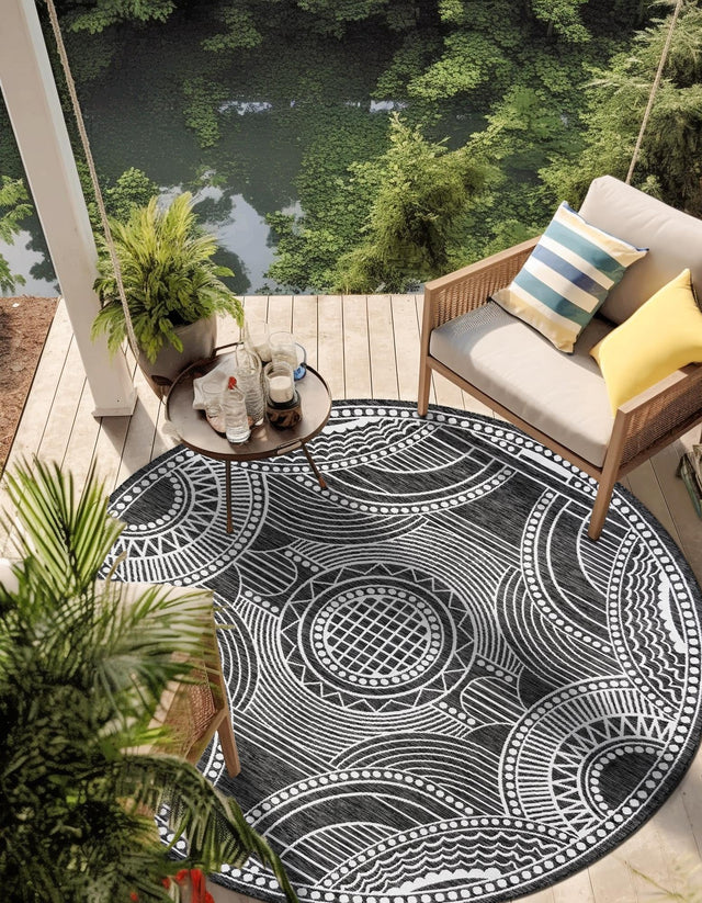 Black and White 3' 1 x 3' 1 Outdoor Traditional Round Area Rug Weather Resistant for Patio, Deck, Terrace, Balcony, Porch Classical Design Outside Carpet for Sale at Rug Engine
