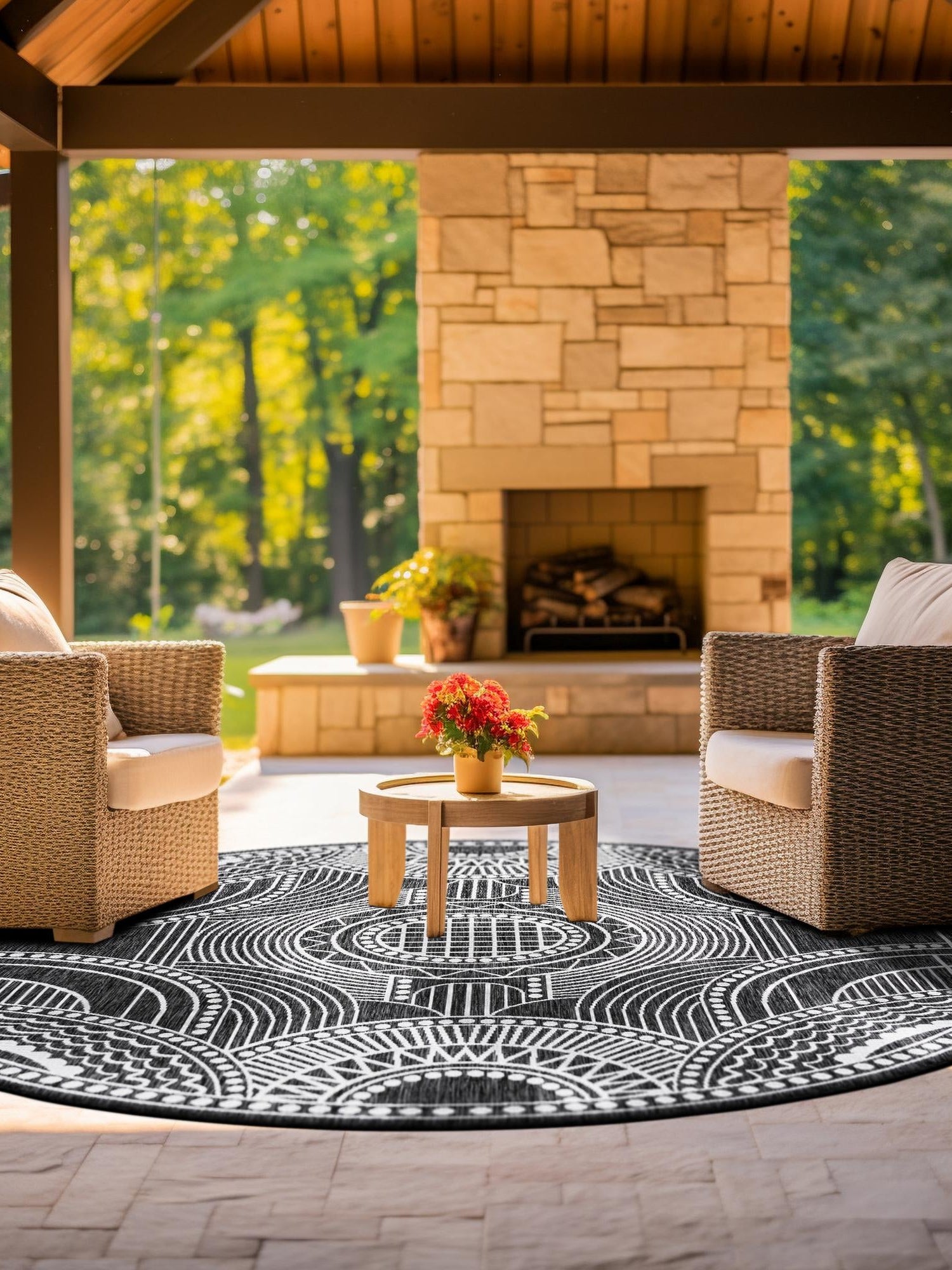 Black and White 6' 1 x 6' 1 Outdoor Traditional Round Area Rug Weather Resistant for Patio, Deck, Terrace, Balcony, Porch Classical Design Outside Carpet for Sale at Rug Engine